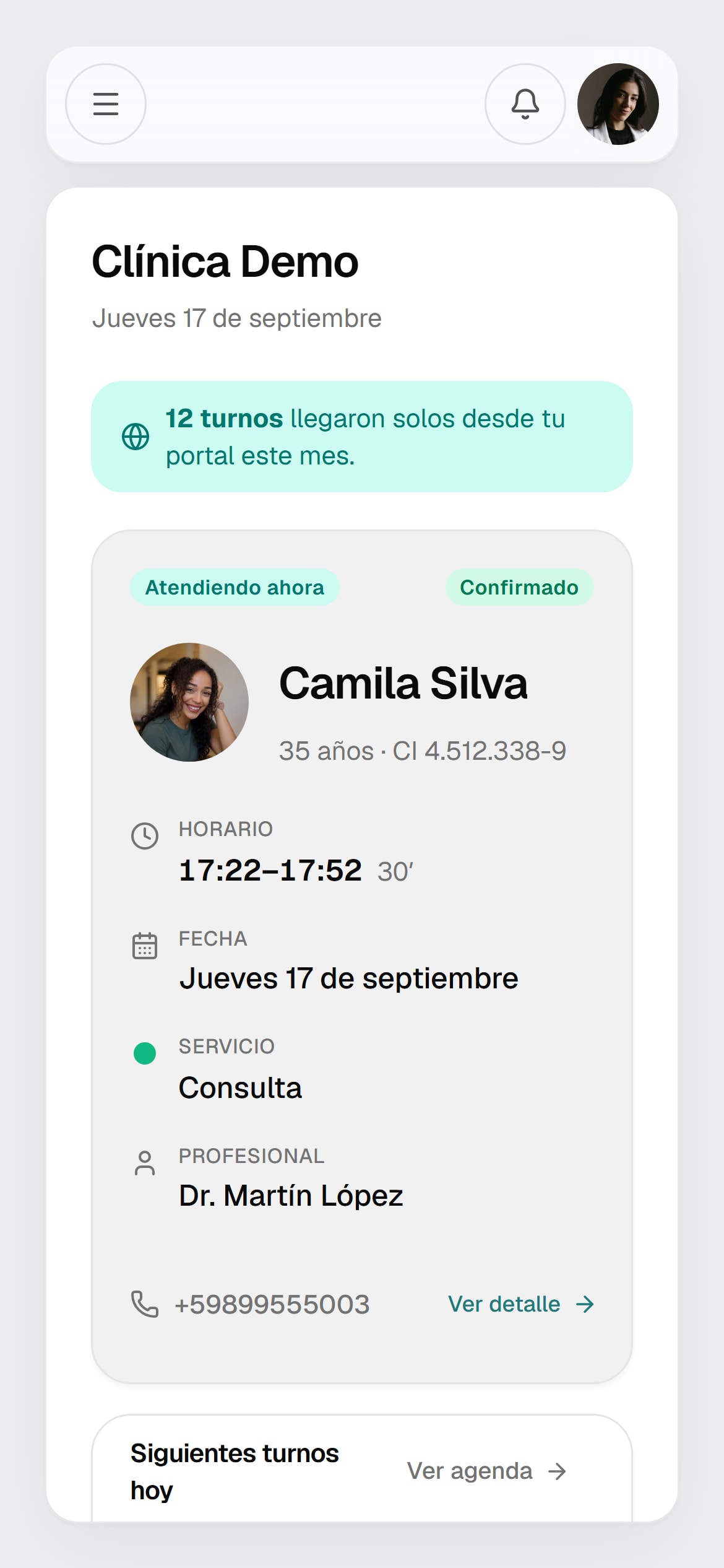Inicio de DentyAgenda: el turno en curso con los datos del paciente, los siguientes turnos del día y los turnos por confirmar